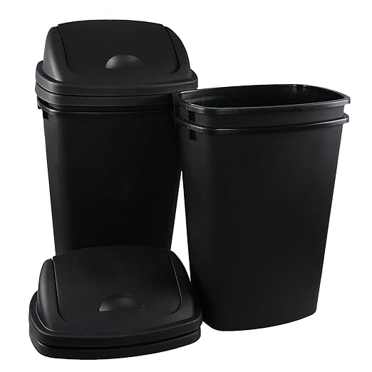 4-Pack 13 Gallon Plastic Swing Top Trash Can Lidded Wastebasket Garbage Can for Kitchen Garage or Workspace Black