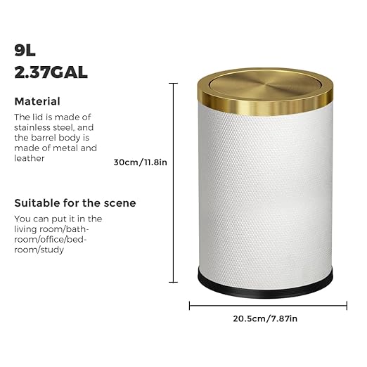9L/2.3GALModern White Trash Can with Flip LidFancy Gold Waste Paper Baskets for BathroomsGold Trash Can for BathroomBedroom Powder RoomOfficeLaundry Room (9L-White)