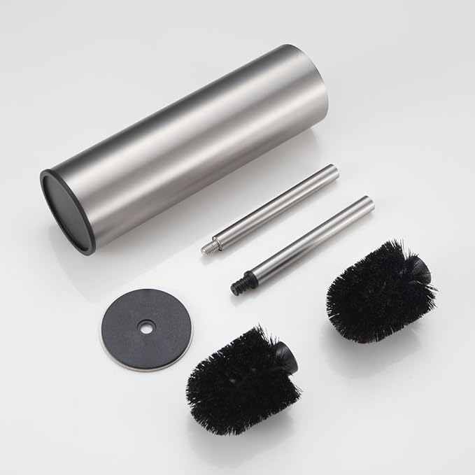 Toilet Brush and Holder Set Brushed Nickel Stainless Steel 304 Heavy Duty Round Toilet Brush Set – Rust Resistant Long Handle Replacement Heads Floor Standing Bathroom Toilet Cleaning