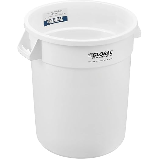 Global Industrial Commercial Round Trash Can 20 Gallon Capacity Plastic Garbage Can Indoor and Outdoor Utility Trash Can White 19 W x 22-1/2H No Lid