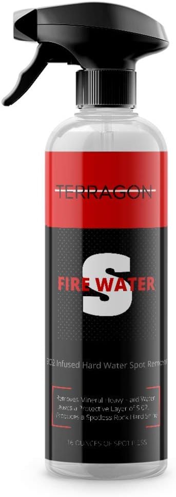 Terragon Fire Water is the first-ever SI02 Infused Water Spot Remover not only does it clean but also protects and leaves behind a brilliant U.V. Inhibitanting SHINE.