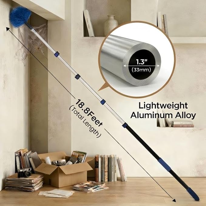 25ft High Ceiling Duster Kits with 5-18ft Heavy Duty Extension Pole - Fan Blade Cleaner Cobweb Remover &amp Blue Window Squeegee Kit Washable Dust Brush for High Roof and Glass Surfaces