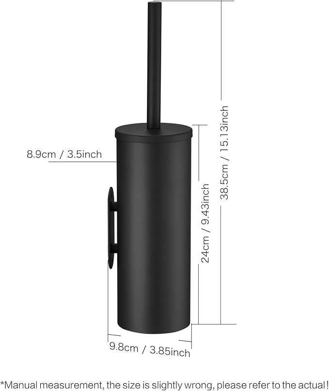 Toilet Bowl Brush and Holder 304 Stainless Steel No-Punch Hook Base Dual Purpose Toilet Brush Holder with Removable Inner Bucket and Splash Cover - Soft Bristles (Black)