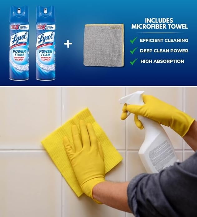 GROVE Power Foam Bathroom Cleaner Spray 24 oz Bundle with Microfiber Cloth - Powerful Foaming Bathroom Cleaner for Soap Scum and Limescale Removal - Leaves Surfaces Sparkling Clean - (3 Items)