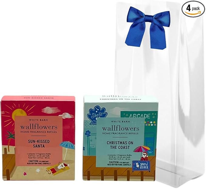 Bath &amp Body Works Wallflowers Refills Christmas Scents 4-Bulb Bundle – Holiday Tropical &amp Coastal Collection – Limited Edition Gift Set with a Blue Bow(Sun-Kissed Santa + Christmas on The Coas