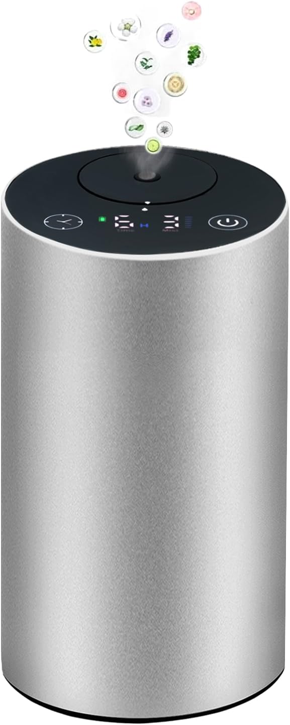 Waterless Essential Oil Diffuser – Aromatherapy Scent Diffusers for Home Office Hotel Bedroom – Modern and Elegant Mini Fragrance Diffuser – Cordless and Portable with Digital Display(Grey)