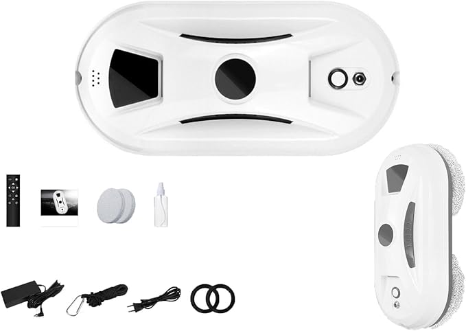 Smart Window Cleaning Robot Ten Cleaning Cloths are Included Dual-Rotation Mop System with AI Planning &amp Remote Control 20-Minute UPS Battery Backup for Anti-Fall Safety (White)
