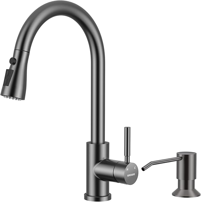 WEWE Kitchen Faucet with Pull Down Sprayer and Soap Dispenser Matte Gray High Arc Single Handle Stainless Steel Sink Faucet Suitable for Farmhouse RV &amp Laundry