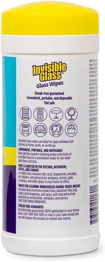 Invisible Glass 90160-2PK Glass Cleaning Wipes Pre-Moistened Streak-Free and Lint-Free Safe for Windows Mirrors Windshields and Tinted Glass 40 Count (Pack of 2)