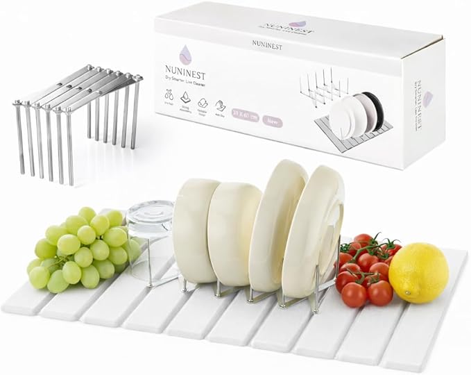 Diatomaceous Stone Dish Drying Mat with Collapsible Steel Rack - Quick Dry Kitchen Counter Set Space Saving Foldable Dryer