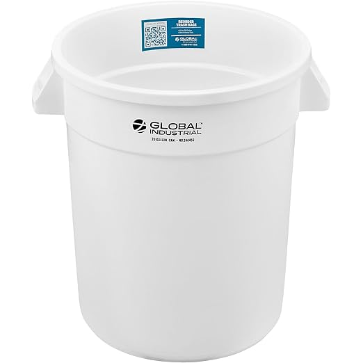 Global Industrial Commercial Round Trash Can 20 Gallon Capacity Plastic Garbage Can Indoor and Outdoor Utility Trash Can White 19 W x 22-1/2H No Lid
