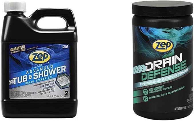 Zep Advanced Tub and Shower Drain Opener Gel - 32 Ounce - U49210 - Formulated for Hair &amp Drain Defense Enzymatic Drain Cleaner Powder - 18 Ounces - ZDC16 - Safe for Pipes and Septic Systems