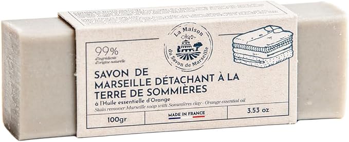 La Maison du Savon de Marseille - Traditional French Soap Stain Remover Stick with Sommières Earth and Orange Essential Oil - Effective on Stubborn Stains - Deep Cleaning to Restore Laundry - 3.5 oz