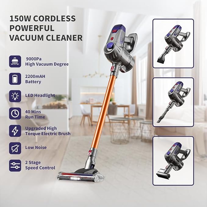ShowyLive Cordless Stick Vacuum Cleaner 9000PA Suction 40Mins Runtime Lightweight 3kg Self-Standing for Carpet Hard Floor Pet Hair Car Home