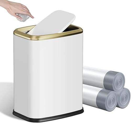 8L/2.1 Gallon Small Bathroom Trash Can with Lid Swing-Top Rectangular Waste Bin Stainless Steel Garbage Can for Home Office Toilet Bedroom Living-Room (White)