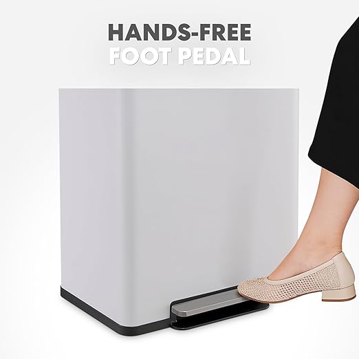 Simpli-Magic Infinity Edge 60 Liter / 16 Gallon Rectangular Hands-Free Extra Large Kitchen Step Trash Can Soft-Close Single Lid Recycling Bin Stainless Steel White 79680