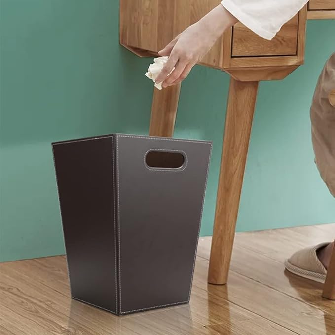 KINGFOM Classic Pu Leather Trash Can Wastebasket Garbage Container Bin with Handles for Bathrooms Powder Rooms Kitchens Home Office and and High Class Hotel Square Brown