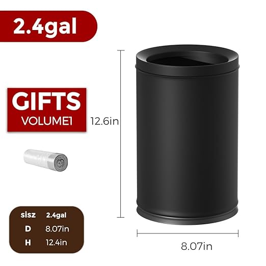 9L/2.3GAL Black Bathroom Trash Can Small Office Wastebasket Double Metal Bucket Body for Bathroom BedroomChildren's Room Powder RoomHotelBank (9L-Black)
