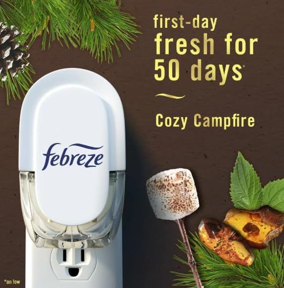 F.e.b.r.e.z.e Odor-Fighting Fade Defy Plug Air Freshener (1 Refill) of 0.87 Fl Oz + Starter Kit (Cozy Campfire)