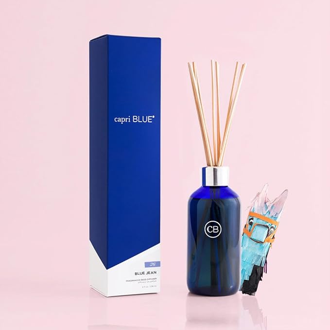 Capri Blue Blue Jean Reed Diffuser Set - Includes Reed Diffuser Sticks Fragrance Oil and Glass Bottle - Luxury Scented Room Fresheners - Cobalt Blue (8 fl oz)