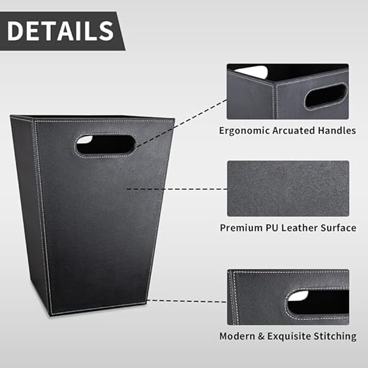 GORESE Pu Leather Trash Can for Bedroom 16L/4.2 Gallon Office Wastebasket with Handles for Near Desk Black Bathroom Garbage Cans for Home Decorative Square Waste Basket Bin for Dorm Easy to Clean