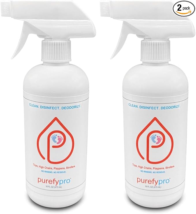 Purefypro Disinfectant Spray (16oz 2pk) for Toys High Chair Playpen Strollers - Kills 99.9999% E Coli Norovirus Flu Viruses Viruses MRSA Bacteria Fungi No Rinse No Residue