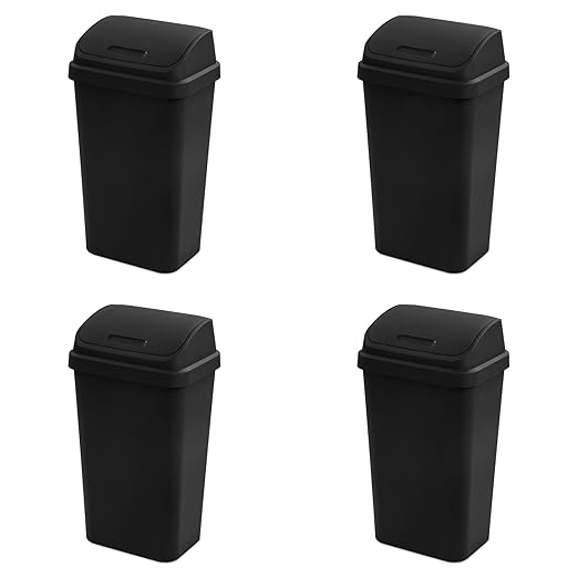 Sterilite 4-Pack Swing Top Wastebasket Sleek Square Profile Trash Can 13 Gallon Black - Modern Garbage Bin for Kitchen Bathroom Garage and Workspace Fits 13 Gal Liners