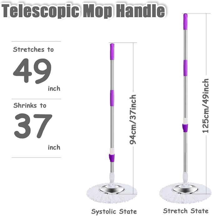 Spin Mop Replacement Mop Handle 49-inch 360 Degrees Rotating Telescopic Replacement Mop Stick with Stainless Steel Disc for Spin Mop Bucket Cleaning System (Stainless Steel Disc Red)