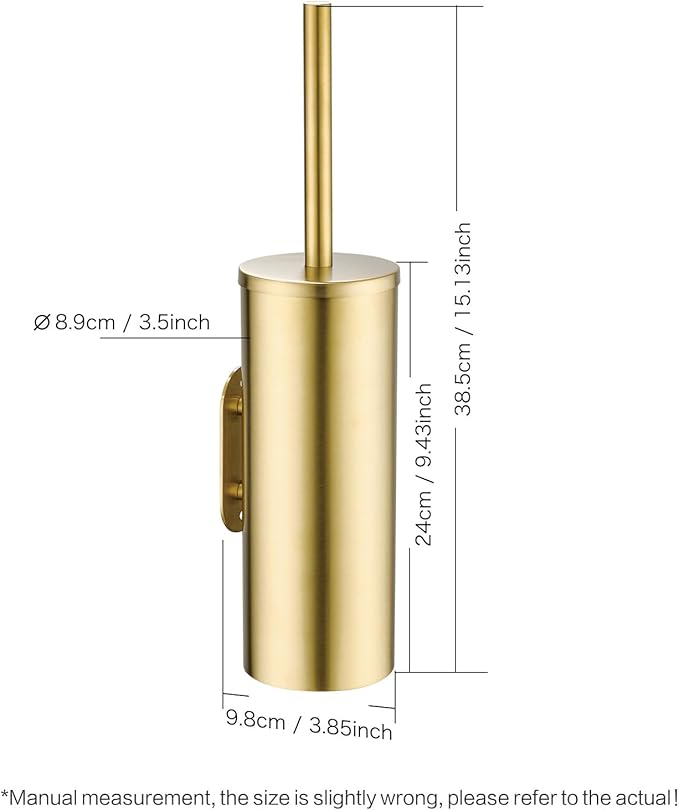 Gold Brushed Stainless Steel Toilet Brush and Cover No-Punch Hook Base Dual Purpose Toilet Brush Holder with Removable Inner Bucket and Splash Cover - Soft Bristles (Brushed Gold)