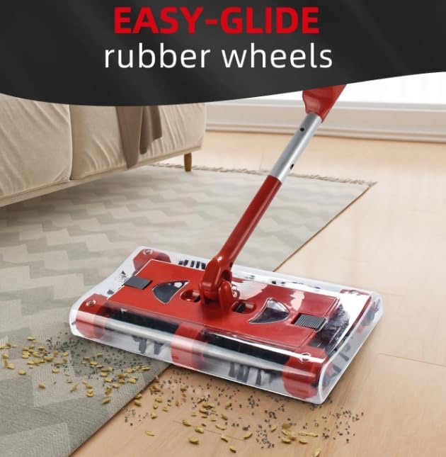 Compact Lightweight Cordless Floor Sweeper 46 Foldable Manual Push Cleaner with Rotating Brush 15W Suction for Tile Wood &amp Carpet Red