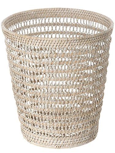 Kouboo La Jolla Rattan Mesh Waste Basket – Round Trash Can for Bathroom Bedroom Office – Boho Wicker Bathroom Storage Small Garbage Bin for Home Decor &amp Storage Basket White Wash