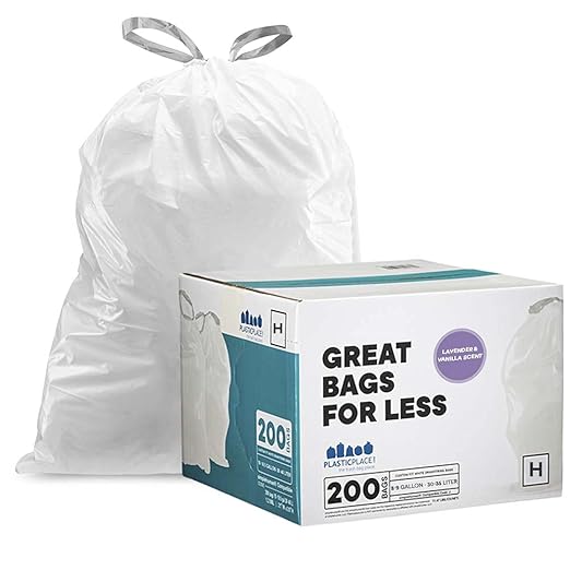 Plasticplace White Drawstring Lavender and Soft Vanilla Scented Garbage Can Liners &amp Custom Fit Trash Bags Compatible with simplehuman Code V (200 Count)