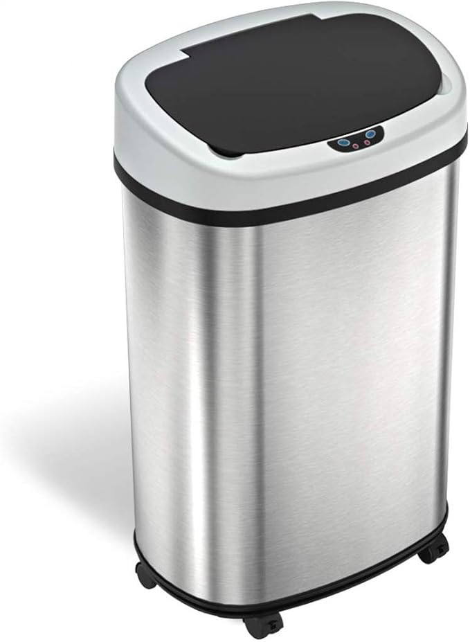 iTouchless 13 Gallon Sensor Trash Can on Wheels with Odor Filter 50 Liter Automatic Kitchen Garbage Bin Oval Fingerprint-Proof Stainless Steel Hands-Free Motion Lid Brushed Silver