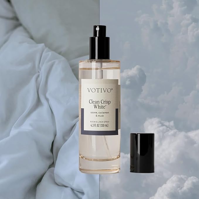Votivo Clean Crisp White 4.3 oz Room &amp Linen Spray | Luxurious Cotton Scented Air Freshener for Linens &amp Living Areas | Premium Long Lasting Fragrance