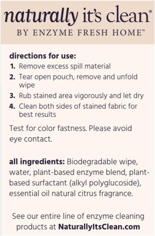 Naturally It's Clean Stain Eraser Natural Enzymes Based/Biodegradable Instant Stain Removal Spot Wipe Removes Wine Coffee Soda Spills Odor on Clothes Bags 60 Count (Pack of 1)