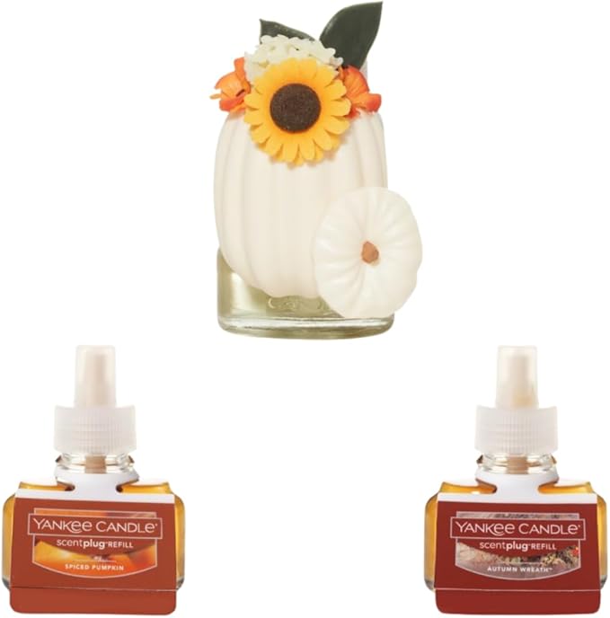 Yankee Candle Fall Fireside Blend Variety Pack - Scent Plug Diffuser Pumpkin Arrangement with Light Sensor Scent Plug Refill Spiced Pumpkin and Autumn Wreath Variety Pack