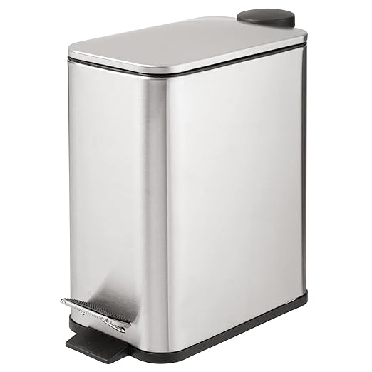 mDesign Slim Metal Rectangle 1.3 Gallon/5 Liter Trash Can with Step Pedal Easy-Close Lid Removable Liner - Narrow Wastebasket Garbage Container Bin for Bathroom Bedroom - Brushed Stainless Steel