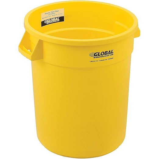 Global Industrial Commercial Round Trash Can 20 Gallon Capacity Plastic Garbage Can Indoor and Outdoor Utility Trash Can Yellow 19 W x 22-1/2H No Lid