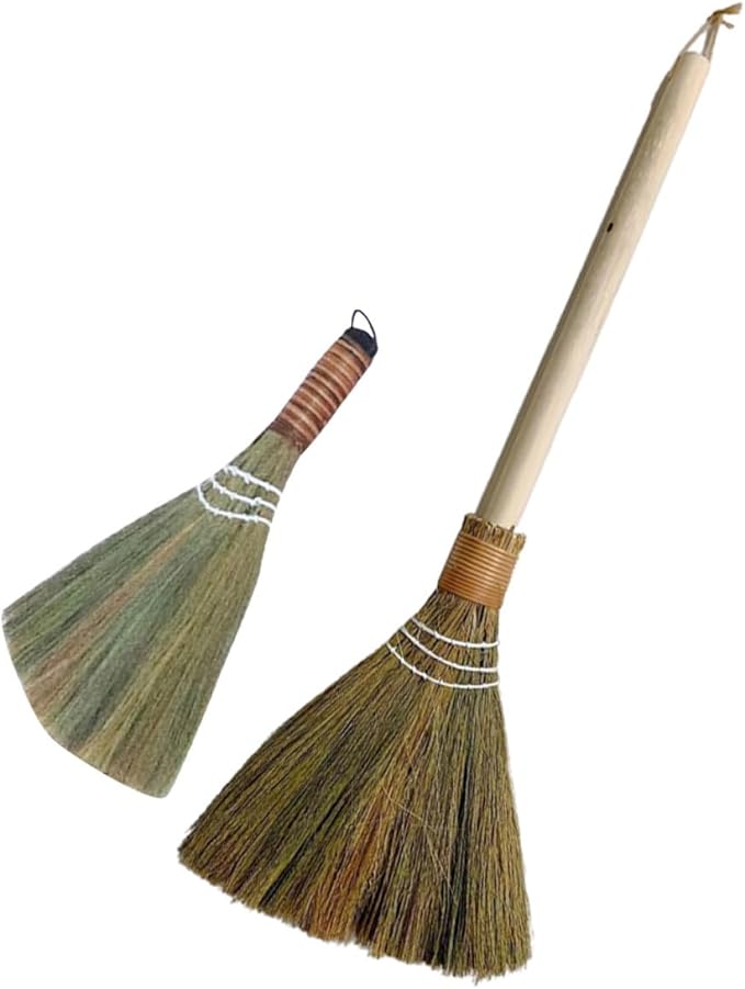 SMASOLO 2pcs Hand-Woven Soft Brooms with Detachable Long Handle Small and Large Size Natural Straw Cleaning Brooms for Household Dust Removal and Floor Sweeping