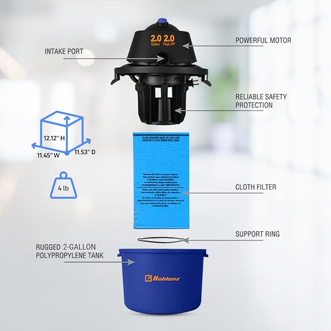 Koblenz WD-2L Portable Wet Dry Vacuum 2-Gallon 2 PHP Suction Plus Blower Vacuum Cleaner for Liquids Dust Pet Hairs 10' Reach Ideal for Home Car Garage Shop Accessories Included Blue/Black
