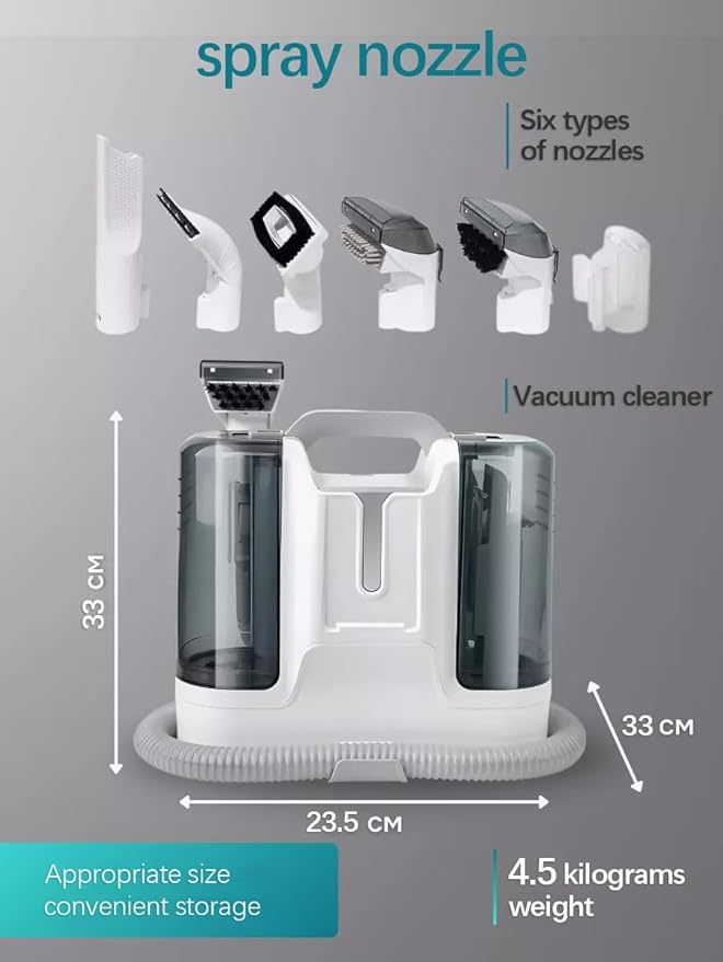 Portable Carpet &amp Upholstery Cleaner 12Kpa Powerful Suction Cleaning Machine For Couch Carpets &amp Car 450W Motor With 1800ml Tank 6 Multi-Surface Brush Heads (White)