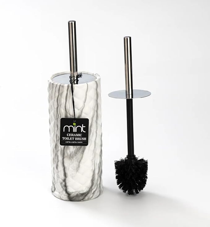 J&ampV TEXTILES Ceramic Toilet Brush Toilet Bowl Brush with Extra Long Handle Durable Bristles Toilet Scrubber and Covered Holder for Toilet Brush Set for Bathroom Cleaning (Chrome/Marble)