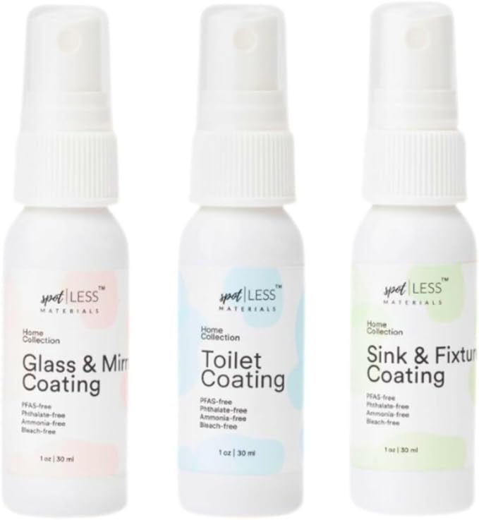 spotLESS MATERIALS Bathroom Starter Kit Toilet Coating Spray Glass and Mirror Protective Coating Sink and Fixture Coating Stain Resistant Streak Free PFAS Free Quick Effect Coating Agent