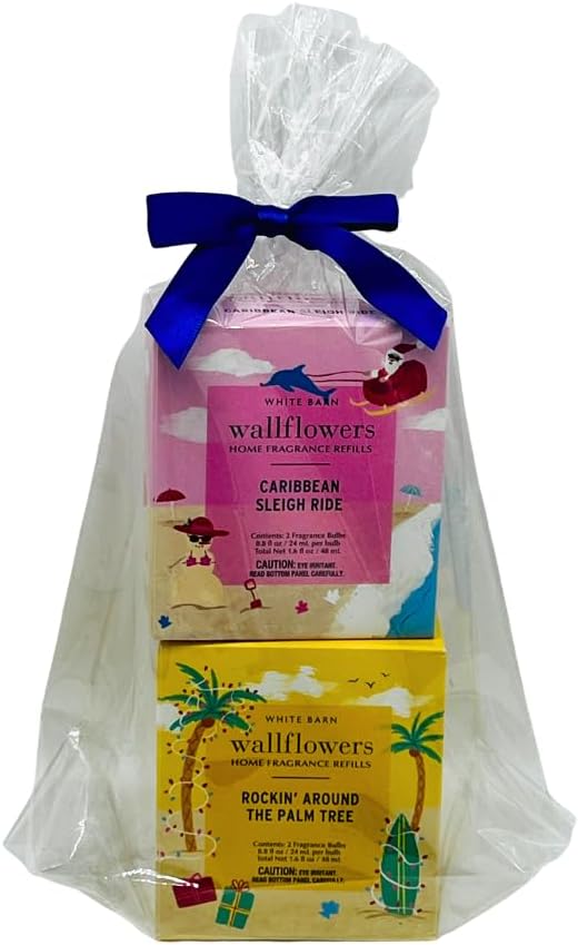 Bath &amp Body Works Wallflowers Refills Christmas Scents 4-Bulb Bundle – Holiday Tropical &amp Coastal Collection 2-Pack Gift Set with a Blue Bow (Caribbean Sleigh Ride + Rockin’ Around The Palm Tr
