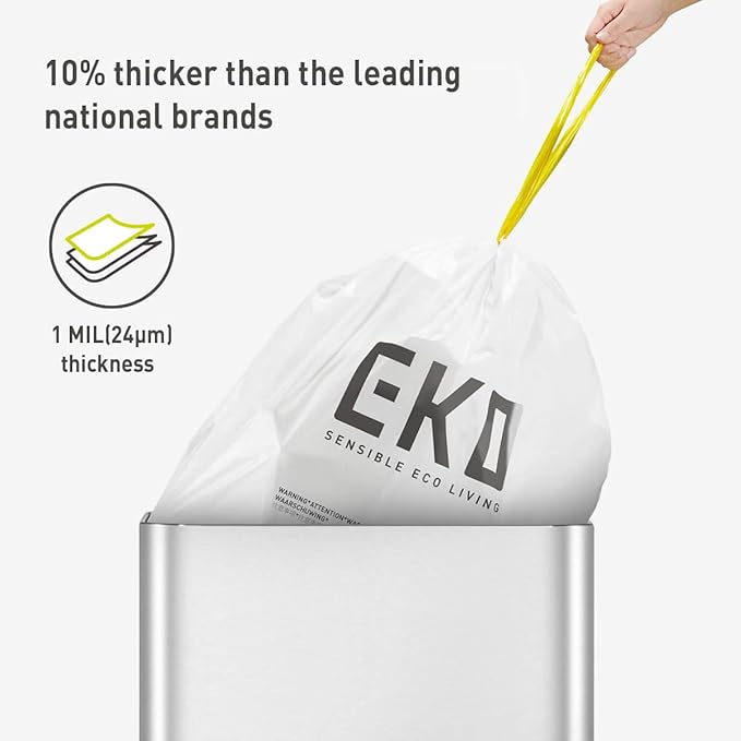 EKO 13 Gallon / 40-60 LiterDrawstring Trash BagsExtra-Strong Unscented Garbage BagsEasy-Dispense Roll for Kitchen &amp Household UseLeak-ResistantCode FWhite60 Count (Pack of 6)