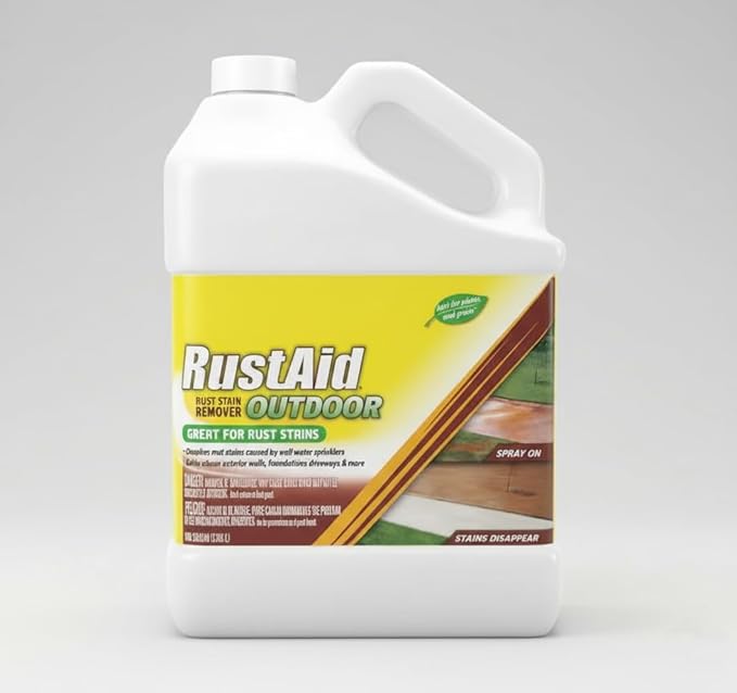 Outdoor Rust Stain Remover 1 Gallon – Fast-Acting Biodegradable Formula Removes Tough Rust Hard Water &amp Well Water Stains on Concrete Brick Stucco Wood Vinyl &amp More – Spray Rinse No Sc