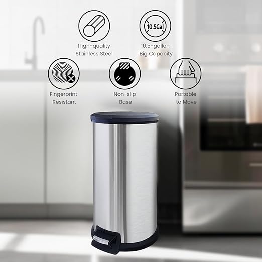 10 Gallon Trash Can with Lid Tall Round Stainless Steel Kitchen Garbage Can with Plastic Lid Liner Free Step-on Pedal Hand Free Trash Can 40 Liter Capacity Silver