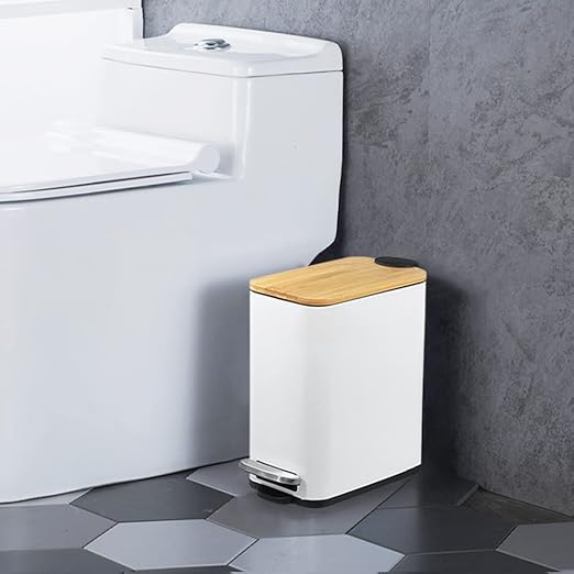 SIDIANBAN Bathroom Trash Can with Bamboo Lid Soft Close and Foot Pedal Small Rectangular Slim Garbage Can with Inner Wastebasket for Bedroom Office Kitchen 1.3Gal/5L Black