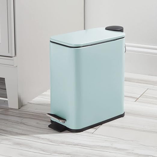 mDesign Slim Metal Rectangle 1.3 Gallon/5 Liter Trash Can with Step Pedal Easy-Close Lid Removable Liner - Narrow Wastebasket Garbage Container Bin for Bathroom Bedroom Kitchen - Matte Mint Green