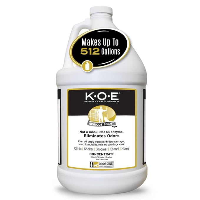 Odorcide K.O.E. Apricot Odor Eliminator Concentrate for Strong Odor for Cages Runs &amp More – Home &amp Kennel w/Safe Non-Enzymatic Formula - 128 oz